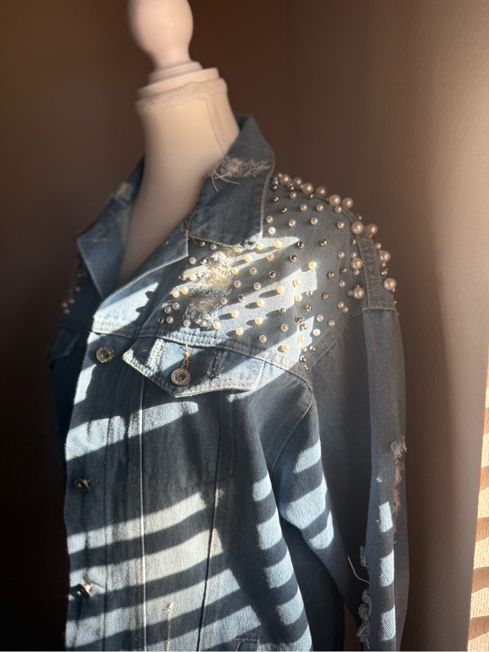 Women’s Pearl Studded Distressed Denim Jacket Oversized Blue Jean Jacket